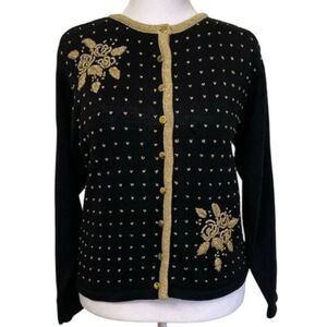 Lise J Women's Sweater Sz Small Black Gold Metallic Floral Embroidery Cardigan